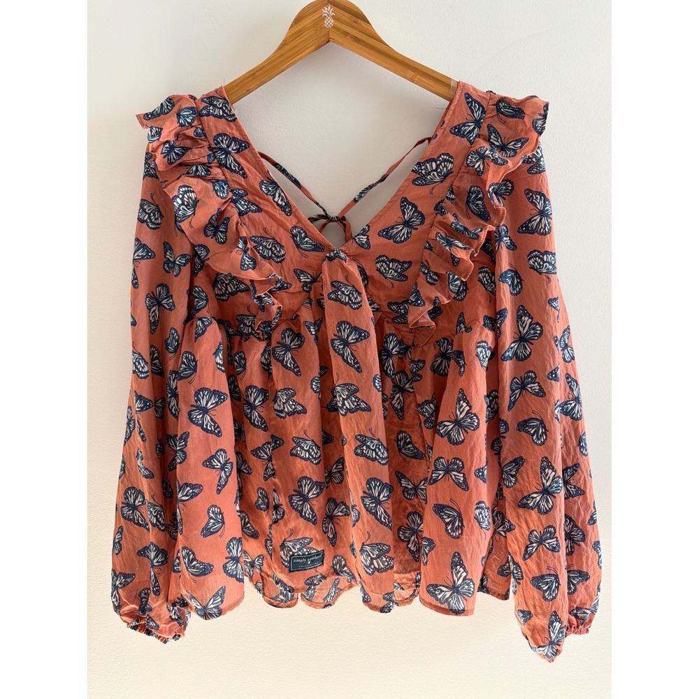Simply Southern Butterfly Print Ruffle Top Boho NWT Cottagecore Top Size L
